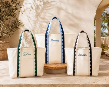 Custom Embroidered Canvas Tote Bag, Monogrammed Wave Trim Beach Bag, Personalized Initial Tote, Gift for Bridesmaids & Beach Trips