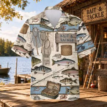 Vintage Fishing Hawaiian Shirt, Bait & Tackle Fish Print Button Down, Lake Fishing Aloha Shirt, Fisherman Gift for Men