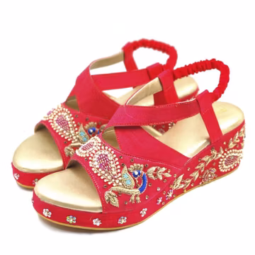 Pink Raw Silk Bridal Wedges: Hand Embroidered Indian Ethnic Footwear