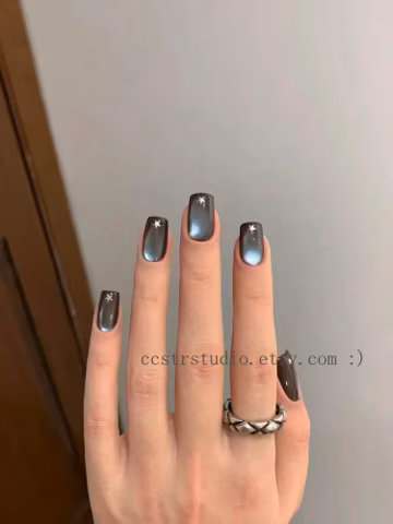 Dark Grey Star Cat Eye Press On Nails | Silver Galaxy Set