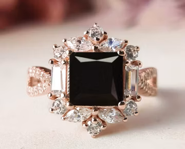 Unique Black Onyx Engagement Ring Vintage Art Deco Wedding Ring Antique Bridal Anniversary Ring 14k Rose Gold Princess Cut Onyx Promise Ring