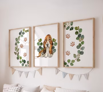Set of 3 Dog Prints, Basset Hound Puppy Wall Art Set, Doggie Posters, Modern Art, Kids Bedroom Decor, Boy Nursery Decor, Playroom Prints