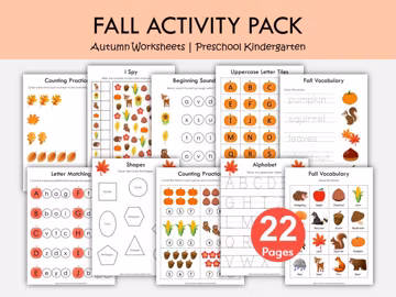 Fall Preschool Activity Pack Printable, Autumn Worksheets for Kids, Pre K Kindergarten Learning Activities, Fall Math Literacy Bundle PDF