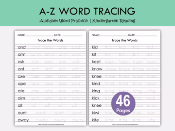 46 Word Tracing Worksheets A–Z | Alphabet Word Practice for Kindergarten | Preschool Handwriting & Early Reading Printable PDF