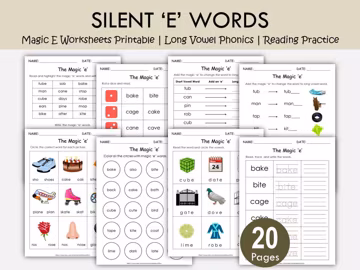 Magic E Worksheets Printable | Silent E Long Vowel Phonics | Read Trace Write | Early Reading Practice for Kids