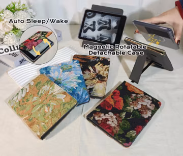 Embroidered Fabric Kindle Case, Magnetic Detachable Rotating Cover, Auto Sleep/Wake