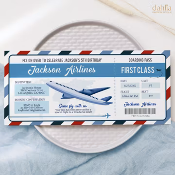 Plane Birthday Ticket Invitation, Airplane Ticket Invite, Blue Boy 1st Boarding Pass, Digital Editable Printable, Instant Download, KP254