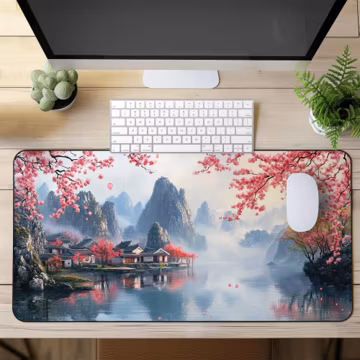 Cherry Blossom Desk Mat with Scenic Asian Landscape, Large Mouse Pad for Home Office Decor, Non-Slip Gaming Pad Unique Art Design
