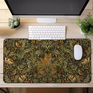 William Morris Fox Desk Mat – Woodland Forest Mouse Pad, Vintage Botanical Gaming Desk Pad, Cottagecore Office Decor