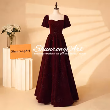 Elegant Burgundy Sparkly Velvet Evening Gown Square Off-the-Shoulder Puff Sleeve Dress with Handmade Bridesmaid/Wedding Guest Formal Dress
