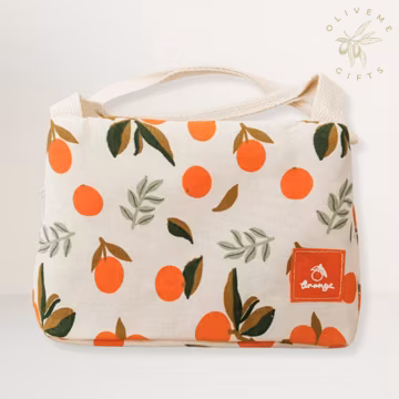 Orange Print Insulated Lunch Bag - Reusable Canvas Snack Bag