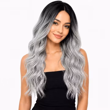 26 Inch Ombre Grey Wavy Wig | Dark Roots, Heat-Friendly Synthetic Fiber