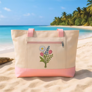 Personalized Birth Flower Embroidered Zipper Tote Bag, Custom Name Floral Canvas Tote, Botanical Everyday Bag, Birthday Gift for Mom