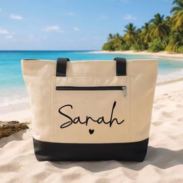 Custom Tote Bag with Zipper, Personalized Name Canvas Tote with Heart, Beach Bag, Bridesmaid Gift, Travel Work Tote, Everyday Carry Bag
