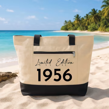 Personalized 70th Birthday Tote Bag with Zipper, Custom 1956 Canvas Tote, Limited Edition Sandy Beach Bag, Birthday Gift for Women
