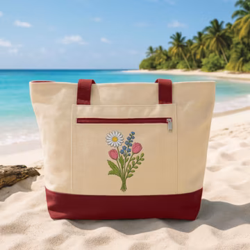 Personalized Birth Flower Embroidered Zipper Tote Bag, Custom Name Floral Canvas Tote, Botanical Everyday Bag, Birthday Gift for Mom