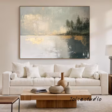 Large green abstract canvas oil painting, gold Landscape minimalist wall painting,