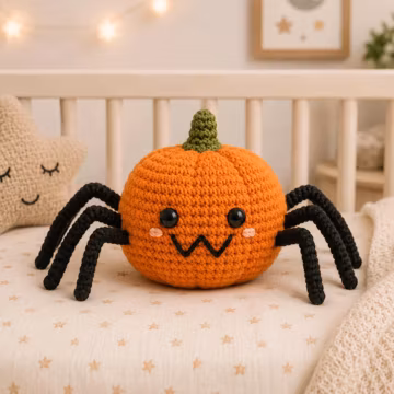 Crochet Pumpkin Spider Plush, Handmade Amigurumi Halloween Toy, Cute Spooky Nursery Decor, Fall Home Accent, Unique Seasonal Gift