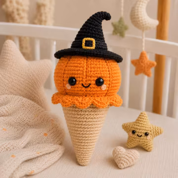 Crochet Pumpkin Ice Cream Cone with Witch Hat, Handmade Amigurumi Halloween Plush, Cute Fall Nursery Decor, Spooky Season Gift