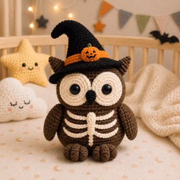 Crochet Skeleton Owl with Witch Hat, Handmade Amigurumi Halloween Plush, Spooky Nursery Decor, Fall Gift, Cute Owl Stuffed Toy