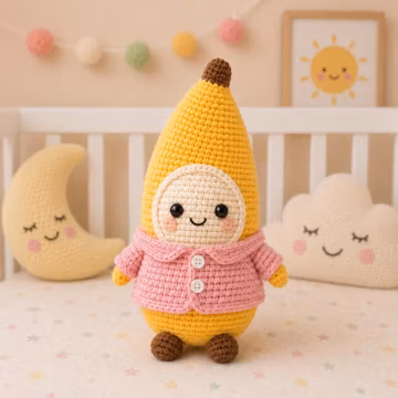 Crochet Banana Doll with Cozy Jacket, Handmade Amigurumi Fruit Plush, Cute Nursery Decor, Baby Shower Gift, Whimsical Stuffed Toy