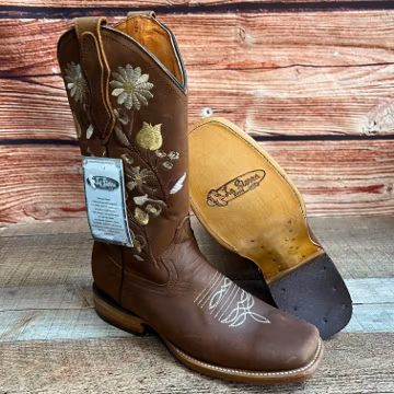 Women’s Handmade Embroidered Cowgirl Boots Brown Leather Western Made in Mexico Square Toe Bota Vaquera de Mujer Café con Bordado a Mano