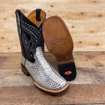 Men's Genuine Leather Handmade Western Cowboy Boots: Gray Python Print, Square Toe