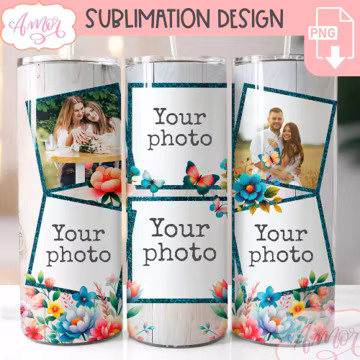 DIGITAL DOWNLOAD Add your own photos tumbler wrap for sublimation heart frame picture 20oz tumbler template PNG customizable floral design