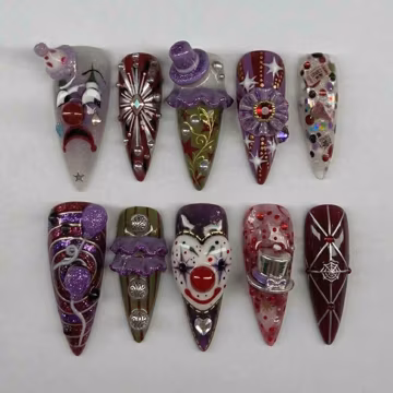 Handmade Goth Circus Press On Nails | 3D Sad Clown, Purple Top Hat & Spiderweb Designs | Stiletto Nails for Dark Spooky Aesthetic