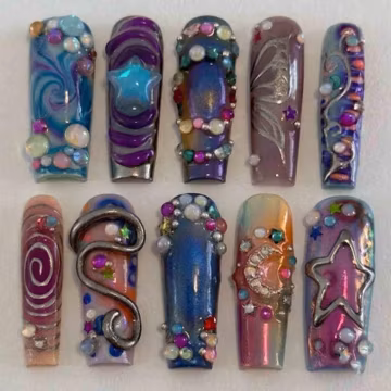 Handmade Celestial Press On Nails | 3D Stars, Moon, Silver Swirls, Colorful Beads | Long Square Nails for Y2K Galaxy Vibe