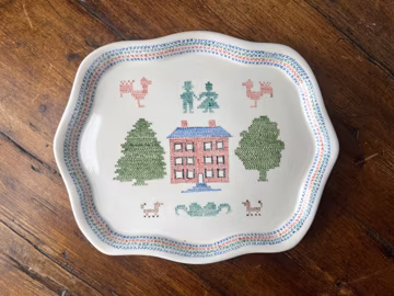 Rectangular Ceramic platter with handpainted home by Louise Mathis 1983