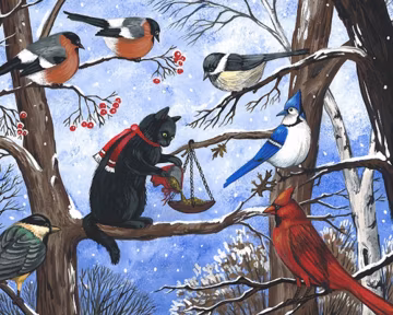 8x10 SEASON of Magic RYTA Christmas Winter Holiday Black cat Oriole Cardinal birds vintage style folk art home decor design decoration art