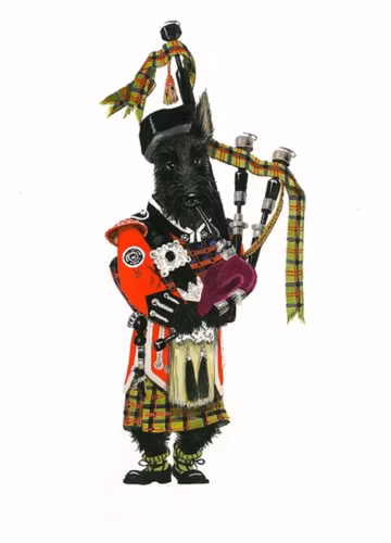 5x7 MacDuff and the Pipes Scottie Scottish Terrier dog pet art Christmas Gift Bagpipes interior home house office decor design decoration
