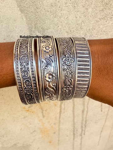 Set of 4 Bangle, 925 Sterling Silver, Handmade Woman Jewellery, Flower Design Bangle, Bohemian Bangle, Gift For Mom, Heavy Bangle Love Gift