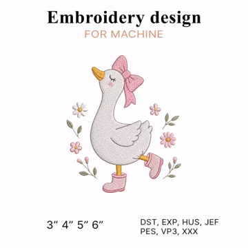 Goose with Pink Bow Embroidery Design, Cute Duckling Machine Embroidery File PES DST