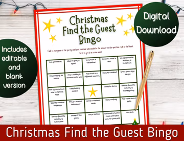 Christmas Find the Guest Bingo, Christmas Party Icebreakers, Holiday Games, Office Party game, Christmas game for adults.
