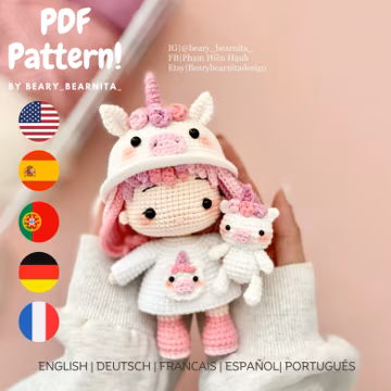 Unicorn Doll Crochet Pattern: Amigurumi Doll (PDF file)