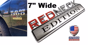 Chrome and Red, 7" Wide, Large, REDNECK EDITION Decal Sticker Car Truck Emblem Badge Red Neck, hick hillbilly Maga Make America Great Again