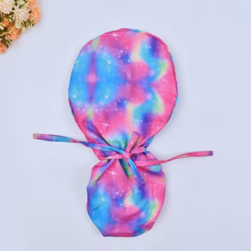 Scrub Cap for women/Tie DYE pastel clouds surgical cap/Buttons/Tie option/Soft Adjustable with toggle stretchy hat, Satin Lined scrub cap.
