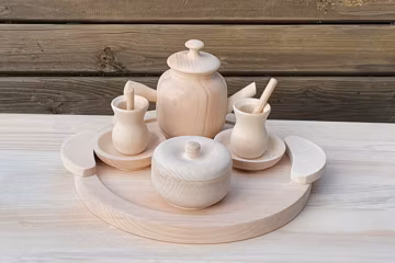 Handmade Linden Wood Tea Set – 11 pcs | Pretend Play Cooking Toy for Kids