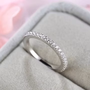 1.6 Mm Round Cut Moissanite Wedding Band/ Half Eternity Pave Set Matching Ring/ Ladies Stacking Band In 14k White Gold/Delicate Promise Band