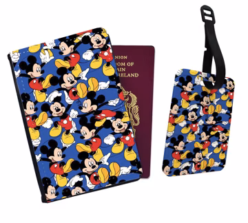 Personalised Faux Leather Passport Cover and Luggage Tag, Disney Mickey Mouse, Travel Accessory Gift Set, First Holiday Travel Set