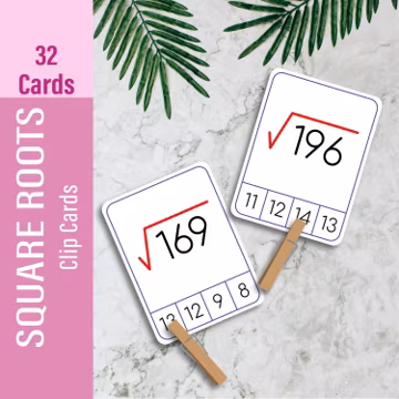 Square Roots Clip Cards: Math Flash Cards, Montessori Learning (PDF)