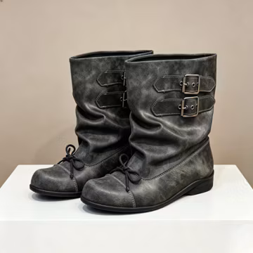 Vintage Distressed Grey Slouchy Boots,Victorian Steampunk Mid-Calf Boots,Double Buckle Grunge Boots for Women,Retro Bow Detail Moto Boots