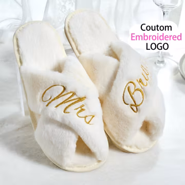 Custom Embroidered Bride Slippers: Fluffy Bridal Party Gift