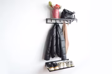Wall Mount Metal Entryway Organizer: Coat Hooks, Shoe Rack, Modern Hallway Shelf