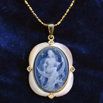 Blue Agate Moon Goddess Cameo, Mother of Pearl & CZ Crystals, 18" Sterling Silver or 18k Gold-plated Necklace, French Rococo, Blue or Black