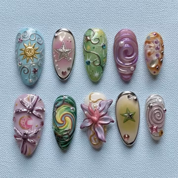 Handmade Celestial Fantasy Nails | 3D Lily, Dragonfly & Star Pop Press On
