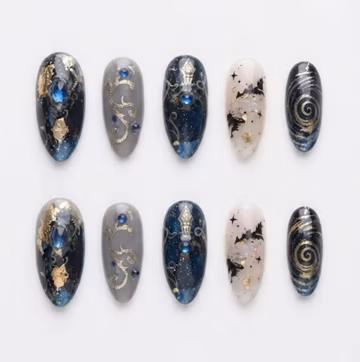 Gothic Celestial Fountain Pen Press On Nails | Dark Blue Galaxy Gold Foil Blue Gem Fountain Pen Nib Bats Fake Nails