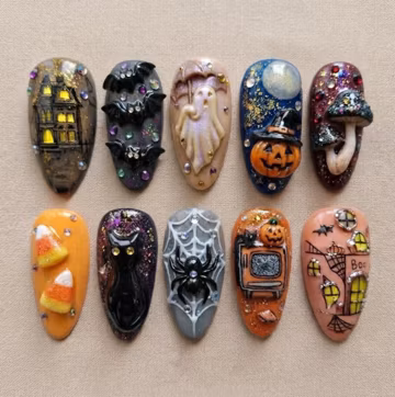 Handmade Press On Nails | Spooky 3D Halloween | Ghost, Pumpkin, Black Cat & Haunted House Nails Set